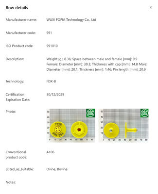 134.2kHz ISO11784/5 FDX-B Ηλεκτρονική Ετικέτα Αυτιού με Αντοχή 350N για Αναγνώριση Ζώων