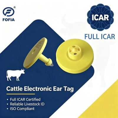 Νέες αδιάβροχες ετικέτες αυτιού RFID LF TPU κίτρινες ICAR ET908+T901 για ζώα 14.5mm για βοοειδή με 5ετή εγγύηση