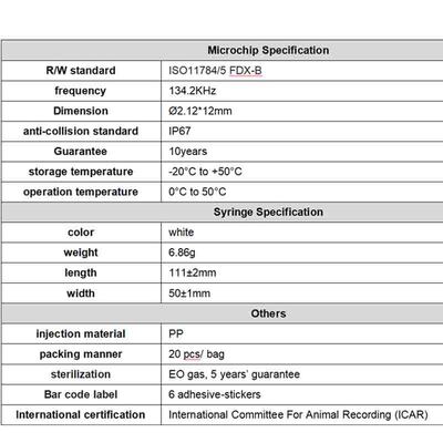 Ανερόφθαλμος Φόφια Νέο Hot Sale RFID 134.2kHz PP Υλικό Dog ID Microchip Ανερόφθαλμος Χρησιμοποίηση Φάρμας Πειραματόζωο Ενέσιμη 1,5 Χρόνια Ετικέτα Ακουστικού