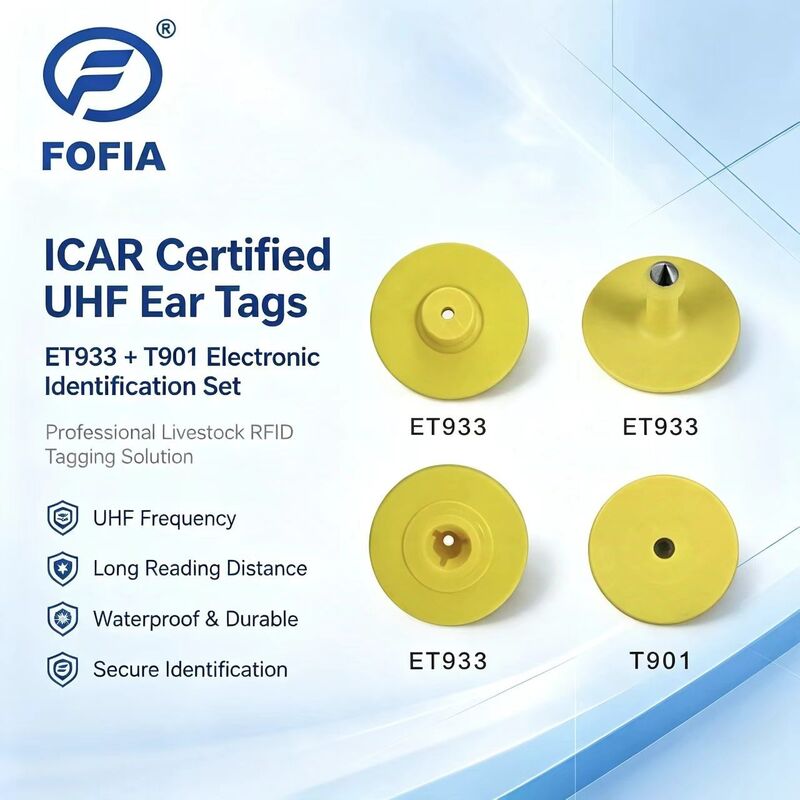 Νέα UHF Ηλεκτρονική Αδιάβροχη RFID TPU 5.7mm Κίτρινες Ετικέτες Ζώων ET933+T901 Chips 5 Έτη Εγγύηση Fofia για Βοοειδή