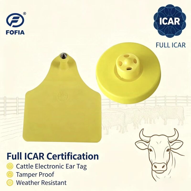 FOFIA Νέα Πλήρης ICAR Ανθεκτικά Αδιάβροχα RFID TPU Κίτρινες Ετικέτες Αυτιού LF ET908+T905 Αγροτικά Τσιπ 5-Ετής Εγγύηση Βοοειδή 14.5mm