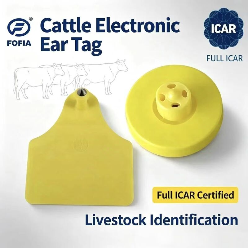 Νέο FOFIA Full ICAR LF Ανθεκτικό Αδιάβροχο RFID TPU Κίτρινη αγελάδα Χοιρινό πρόβατο Ετικέτες αυτιών ET908+T905 EM4305 Τσιπάκια 5 έτη Εγγύηση 14,5mm