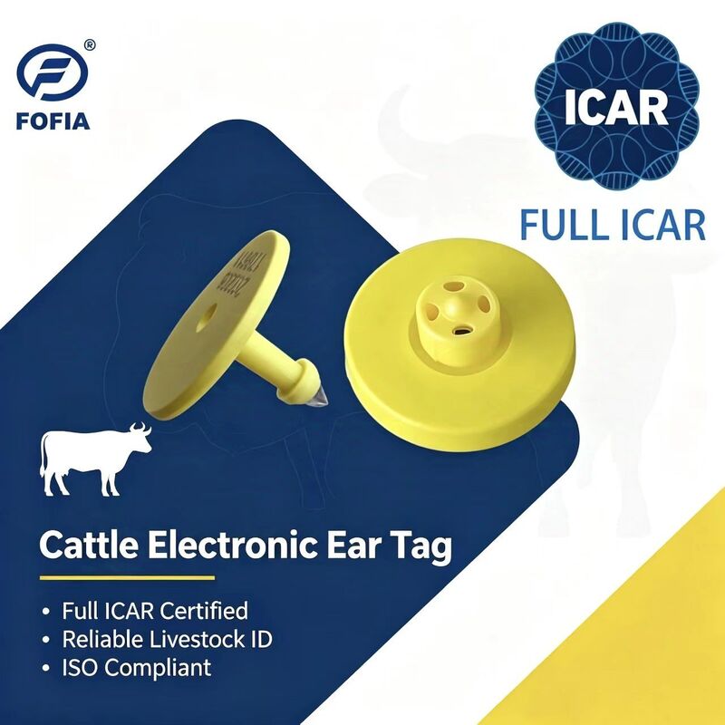 Νέες αδιάβροχες ετικέτες αυτιού RFID LF TPU κίτρινες ICAR ET908+T901 για ζώα 14.5mm για βοοειδή με 5ετή εγγύηση
