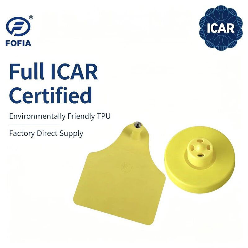 FOFIA Νέο πλήρες ICAR Ανθεκτικό Αδιάβροχο RFID LF TPU Κίτρινες ετικέτες αυτιών ET908+T905 EM4305 Τσιπς 5ετής εγγύηση Γουρούνι 14,5mm